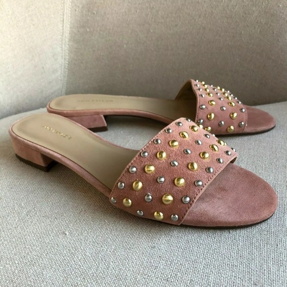 NEW ANN TAYLOR 6.5 Fleur Suede Studded Slides Pink - Picture 2 of 6